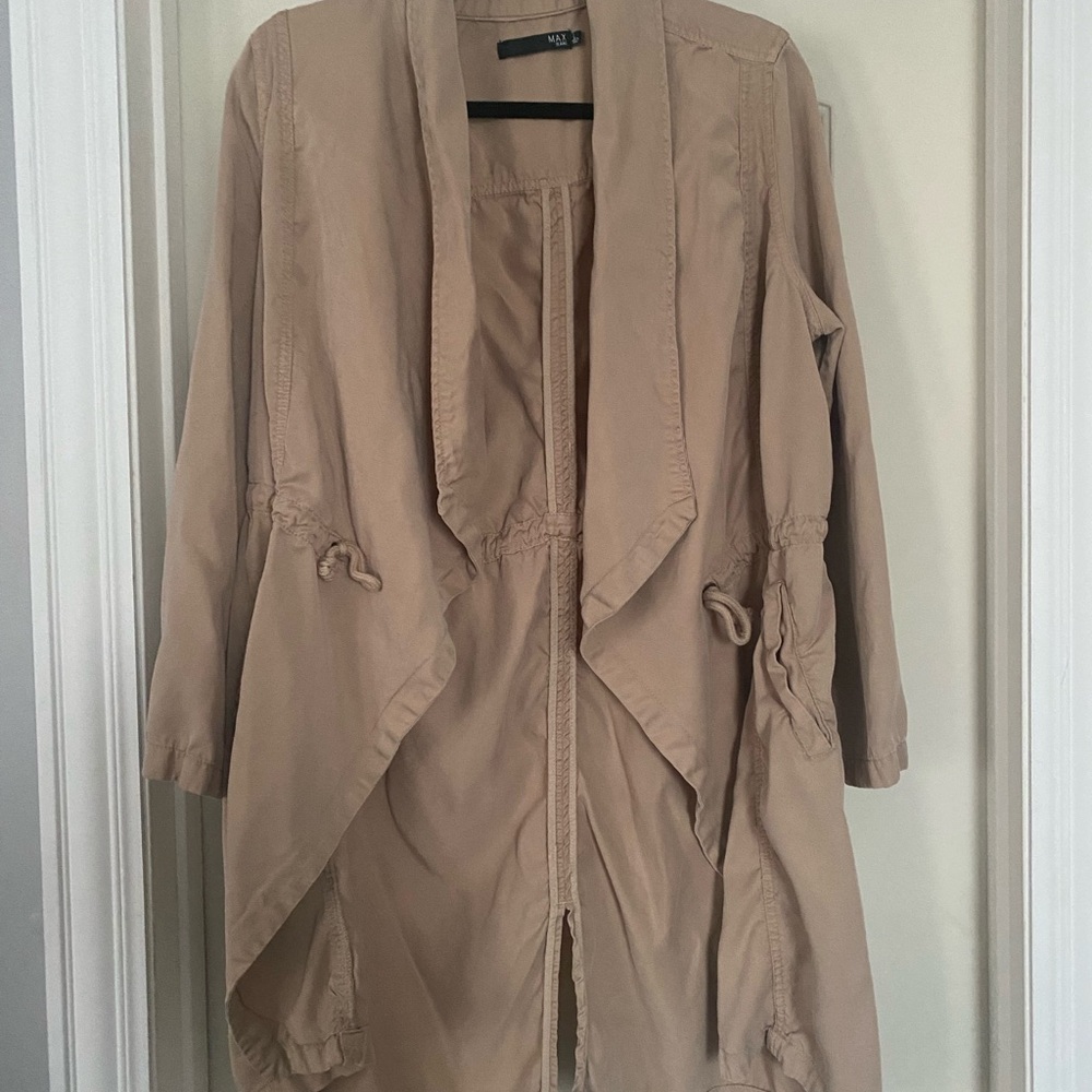 Max Jeans Womens Cowl Neck Tie Waist Open Front Long Sleeve Jacket Khaki size L